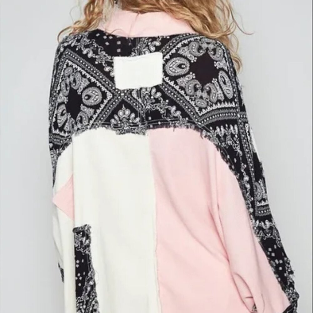 054 POL Oversized Patchwork Chambray Printed Top … - image 3